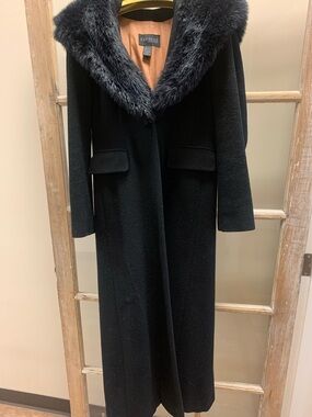 Express Black Wool Long Coat with Faux Fur Collar